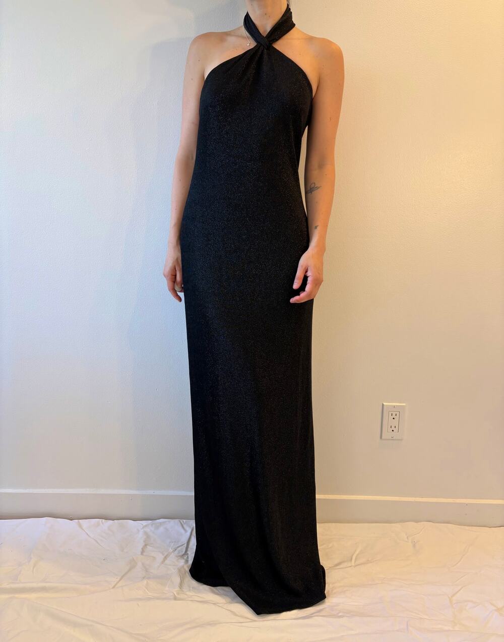 black sparkly halter gown maxi dress